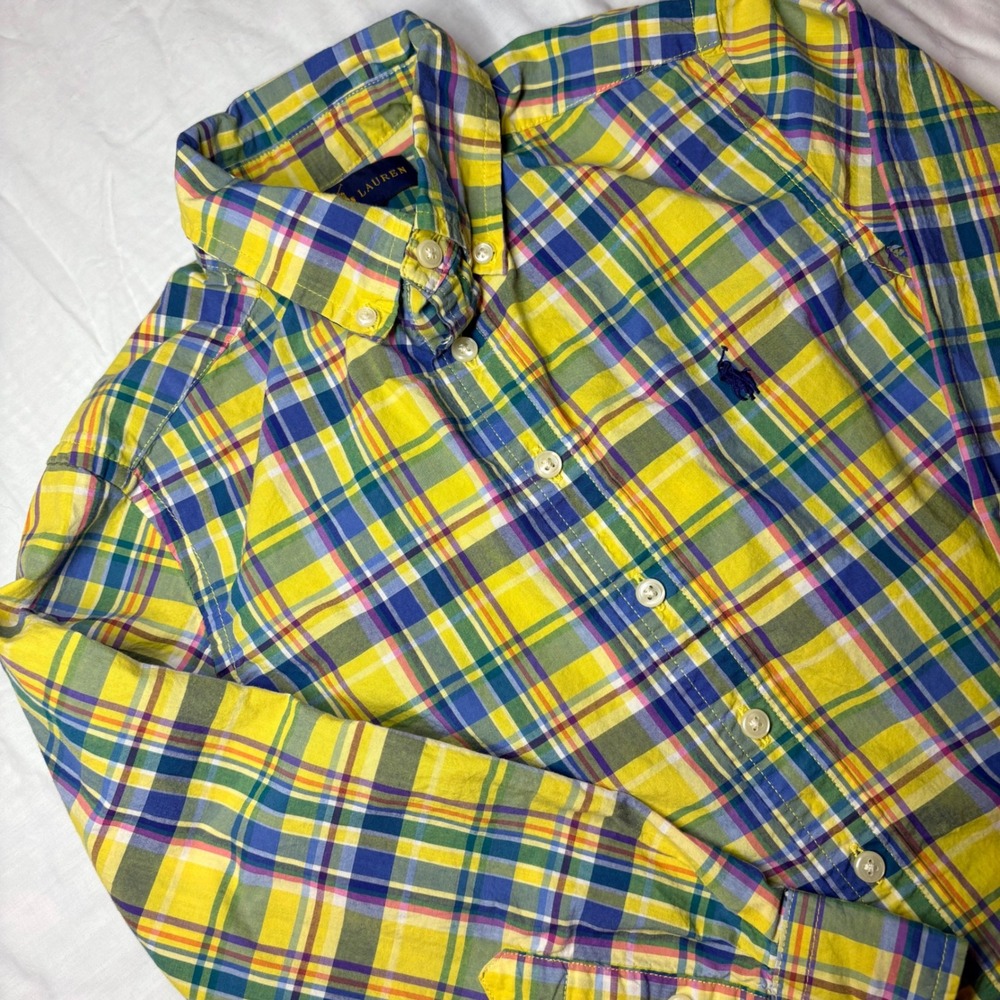 Ralph Lauren Boys‎ Yellow Blue Plaid Button Down Shirt Sz S 8 Long Sleeve Cotton